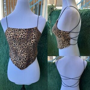 Vintage 90s Large Cheetah Print Criss Cross Strappy Back Bandana Triangle Top